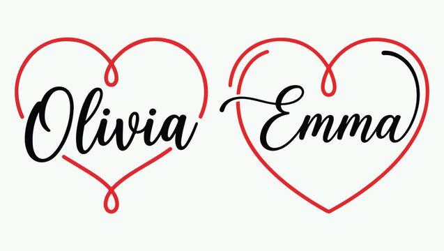 Emma and Olivia Name in Red Heart Digital Graphic Illustration, Olivia name art, heart graphic, red heart design, cursive Olivia, LOVE OLIVIA, romantic typography, elegant name design, minimalist png,
