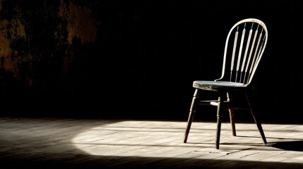 Single tilted chair in an empty room with dramatic side lighting and deep shadows. travel magazines, destination branding, designed for outdoor magazines and nature guides.
