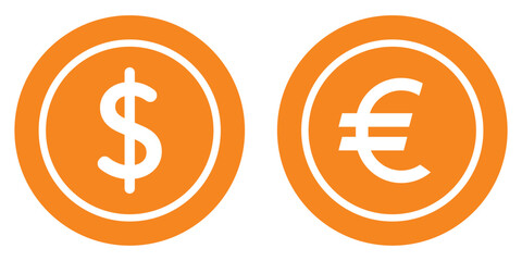 Fototapeta premium Set of euro and dollar currency icon symbol. Popular international currency sign. Dollar & Euro money coins icon signs. Money icon set. Dollar and Euro symbol. Minimalist Financial Symbols. 