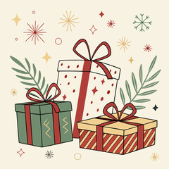  Christmas Gifts Vector Illustration with Festive Wrapped Presents
