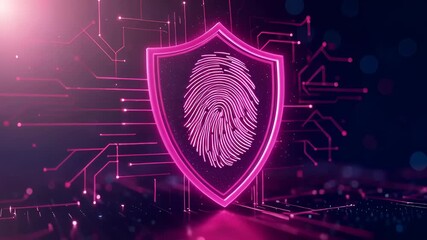 Glowing fingerprint inside a digital shield with padlocks and circuit lines. Symbol of network security, encryption, and privacy protection, animated - Powered by Adobe