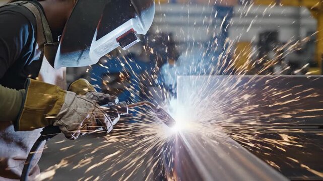 Metal welding process with worker using torch and protective gear in manufacturing facility. Intense metal welding sparks illuminate workshop, demonstrating skilled craftsmanship.