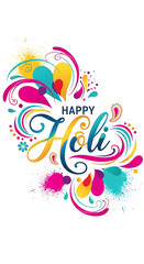 Obraz premium Vibrant happy holi greeting card design featuring colorful swirls abstract splashes and elegant calligraphy typography on a white background