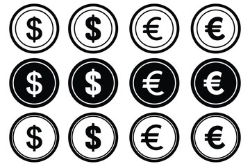 currency icons set. Australian dollar, us dollar, euro, pound, yuan, Yun, pkr, uae dirham, romania dinar, dinar, symbol sign. collection of currency symbol. Currency Signs, Financial App Icons. EPS 10