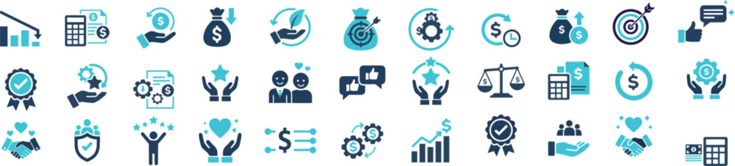 Business Finance & Customer Satisfaction Icons &ndash; ROI, Growth, Trust, Productivity Symbols Collection