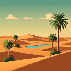 Stylized Desert Oasis Illustration with Palm Trees and Water.