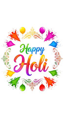 Obraz premium Vibrant happy holi greeting card design featuring colorful powder splashes balloons and decorative floral elements on a white background
