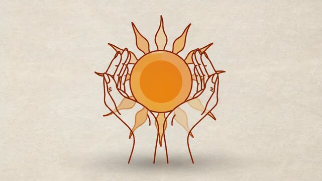 Artistic line illustration shows gentle hands holding sun, symbolizing care, protection. Design features open hands holding sun, radiating warm golden light against textured background.