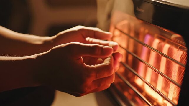 Hands warming by electric heater, concept of home comfort, cozy atmosphere, or winter relaxation. Useful for themes involving heating solutions and personal comfort in colder environments.