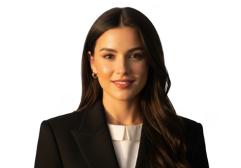 Professional young woman with long dark hair wearing a black blazer and white blouse smiling confidently isolated on transparent background