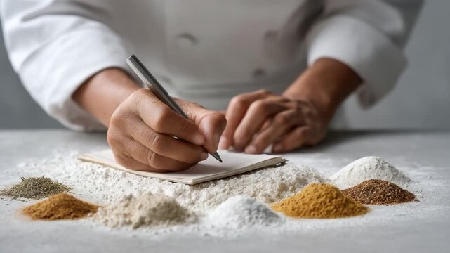 Hands of Chef Writing Recipe Surrounded by Various Spices and Flour on a Kitchen Countertop 4k video footage