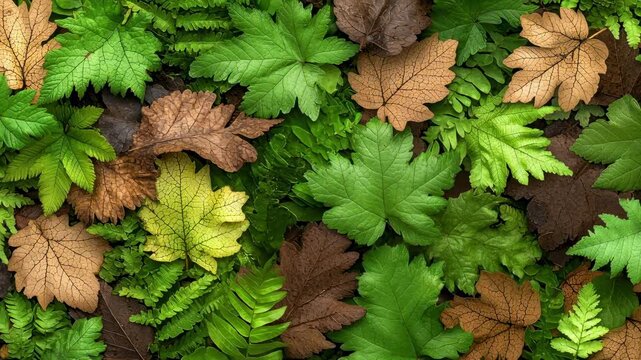 Lush green foliage leaf texture forest floor fern frond autumn botanical pattern earthy tone serene mood seasonal contrast vibrant rustic
