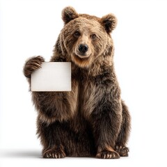 Fototapeta premium Brown Bear Sitting Holding Blank White Sign Isolated on White Background