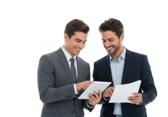 Two smiling businessmen in suits collaborating on a digital tablet and documents isolated on transparent background