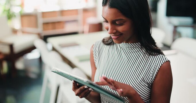 Woman, remote work and reading with tablet in home for research, proofreading and update draft. Female person, digital and editor feedback on article, story submission and information for publication