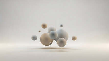 Abstract organic shapes in neutral tones float gently in a minimalist studio setting with soft lighting and subtle shadows