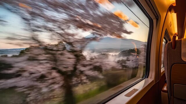 Blurred train window view captures spring landscape, cherry blossoms. Fast motion from train window view shows green trees, distant mountains, and warm glowing sky.