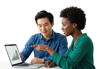 Diverse colleagues collaborating on a laptop displaying financial growth charts isolated on transparent background
