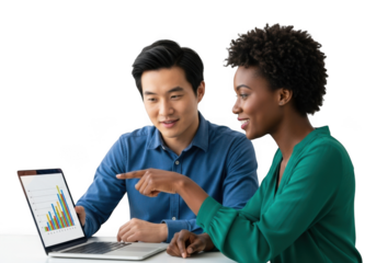 Diverse colleagues collaborating on a laptop displaying financial growth charts isolated on transparent background