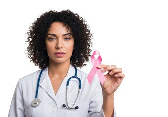 Caring healthcare professional wearing a white coat and stethoscope holds a pink ribbon symbolizing breast cancer awareness isolated on transparent background
