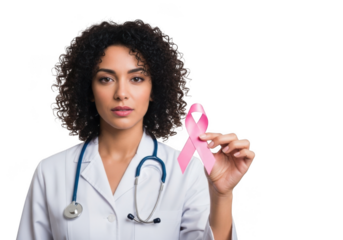 Caring healthcare professional wearing a white coat and stethoscope holds a pink ribbon symbolizing breast cancer awareness isolated on transparent background