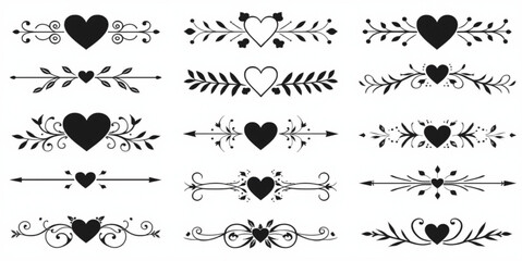 Romantic Heart Divider Line Art Set &ndash; Elegant Valentine Borders with Floral Elements, Vintage Love Ornaments, Decorative Heart Arrows & Minimal Flourish Designs for Cards, Weddings and Invitations
