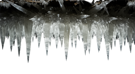 ultra-detailed macro photograph of sharp, icy-white calcite stalactites dripping moisture, hanging from a cavern ceiling against a deep black void background, dramatic cinematic chiaroscuro lighting.