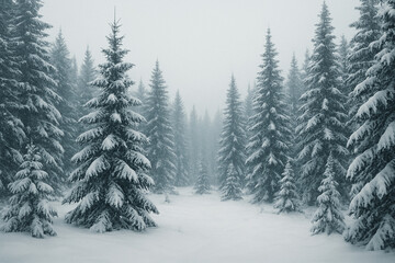 A snow covered pine tree forest during the winter