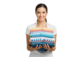 Smiling woman in white apron holding a stack of freshly folded colorful striped towels isolated on transparent background