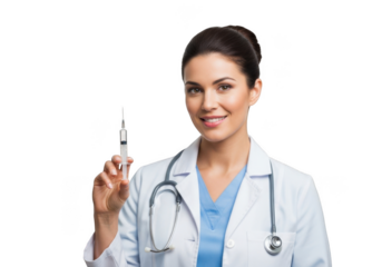 Smiling female medical professional wearing white lab coat and stethoscope holding syringe isolated on transparent background