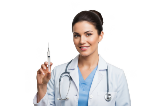 Smiling female medical professional wearing white lab coat and stethoscope holding syringe isolated on transparent background - Powered by Adobe