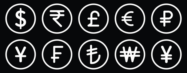Fototapeta premium Currency symbols icons set with label. Dollar, Euro, Pound, Rupee, Franc, Ruble, Yen, Won black and white color vector illustration. Money icon set. Dollar and Euro symbol. showing online payment. 