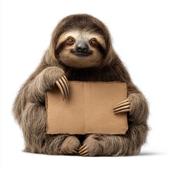 Obraz premium Sloth Holding Blank White Sign on White Background