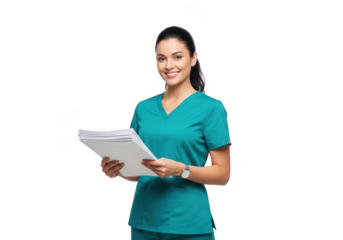 Smiling female healthcare professional in teal scrubs holding medical chart document isolated on transparent background