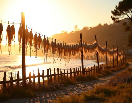 Dried cuttlefish hang on a line near the sea at sunrise. Sea shore with a fence. Dried squid on clothesline in fishing village. Sunlight and shadow on the beach.