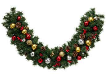 A dense christmas garland of dark green fir branches, adorned with reflective gold, matte red, and silver baubles, pinecones, and red holly berries, on a transparent background with copy space.