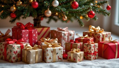 A festive holiday setting with a Christmas tree adorned with red and gold baubles, a collection of wrapped presents in various sizes and colors on a table