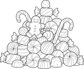 Christmas Candy Pile Line Art – Gingerbread, Sweets, Candy Canes, and Holiday Treats Illustration for Coloring Pages, Festive Crafts, and Seasonal Graphic Design