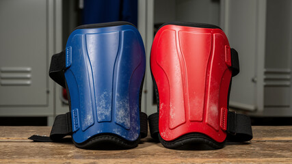 Pair of blue and red soccer shin guards on wooden surface