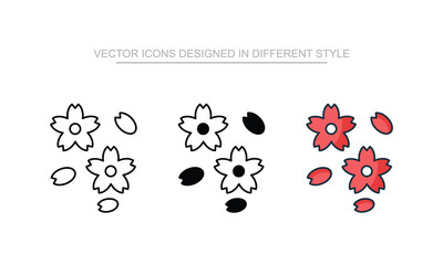 Cherry Blossom icon set in different style with white background illustration