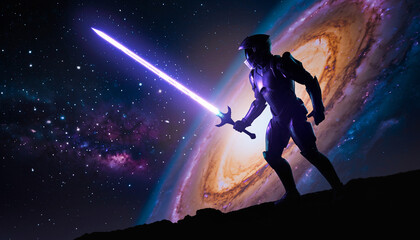 Futuristic warrior with glowing sword stands against a vibrant spiral galaxy in space.