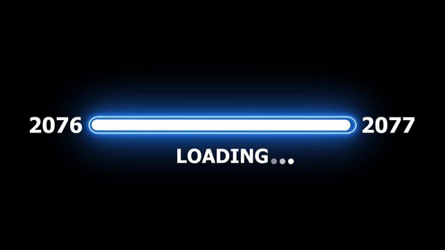 New year 2077 loading bar animation Year changing from 2076 to 2077 . Loading bar from 2076 to 2077 new year transfer animation. Almost reaching New Year on black background.