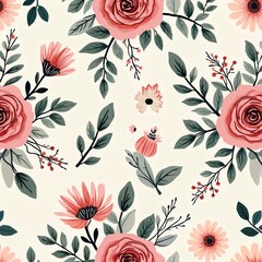 Seamless floral pattern with pastel pink roses, daisies, leaves on cream background. Hand-drawn flowers, foliage in soft, vibrant colors. Elegant, whimsical design for fabric, wallpaper, wrapping
