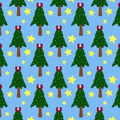 Cute Christmas Tree Pattern on Blue Background.