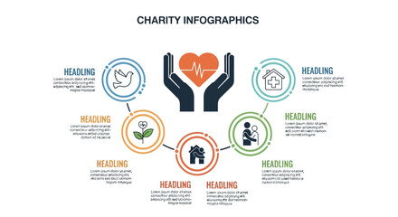 Charity Infographics with Hands Holding Heart and Icons for Donation and Support.