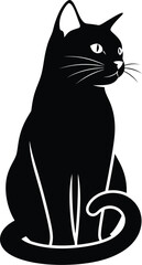 Black silhouette of a sitting cat with green eyes and a curled tail on a white background
