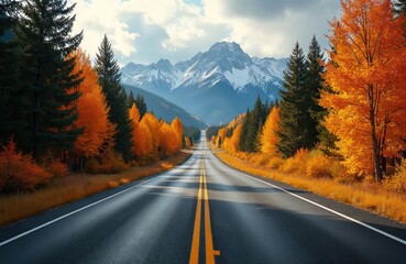 Empty asphalt road through colorful autumn forest. Tall pine trees and bright orange deciduous trees line scenic route towards snow capped mountains. Sunlight casts long shadows on empty roadway.