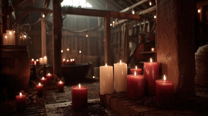 intimate holiday candles lit in a rustic barn,