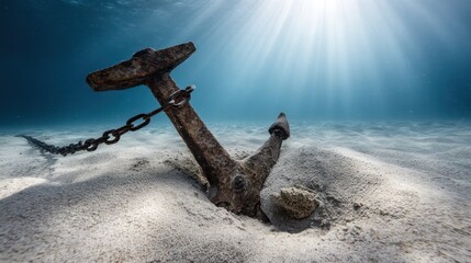 A heavy rusty iron anchor, buried on a sandy seabed, with a taut chain extending upwards. Specially designed for mobile and urban transportation guidance.