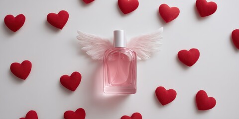 Pink perfume bottle with wings surrounded by red hearts on white background